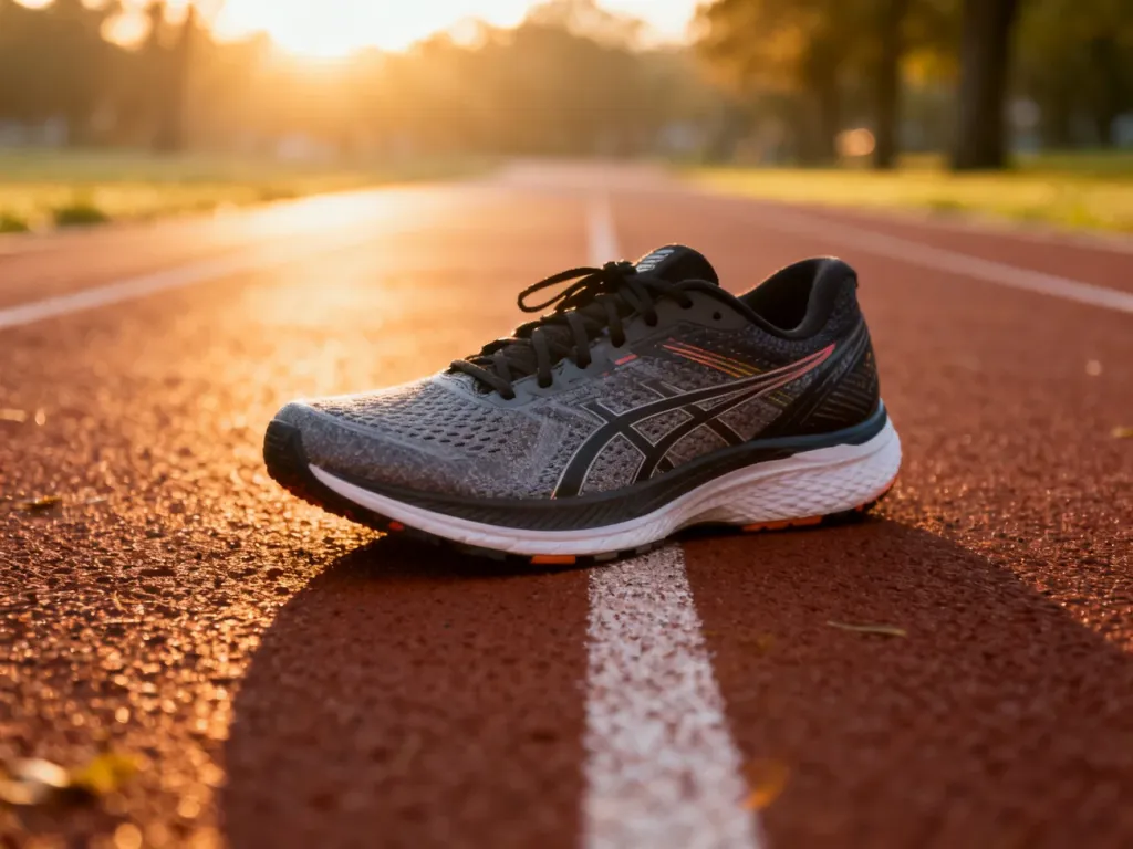Profesjonalne buty do biegania na bieżni lekkoatletycznej o wschodzie słońca, symbolizujące gotowość do treningu.