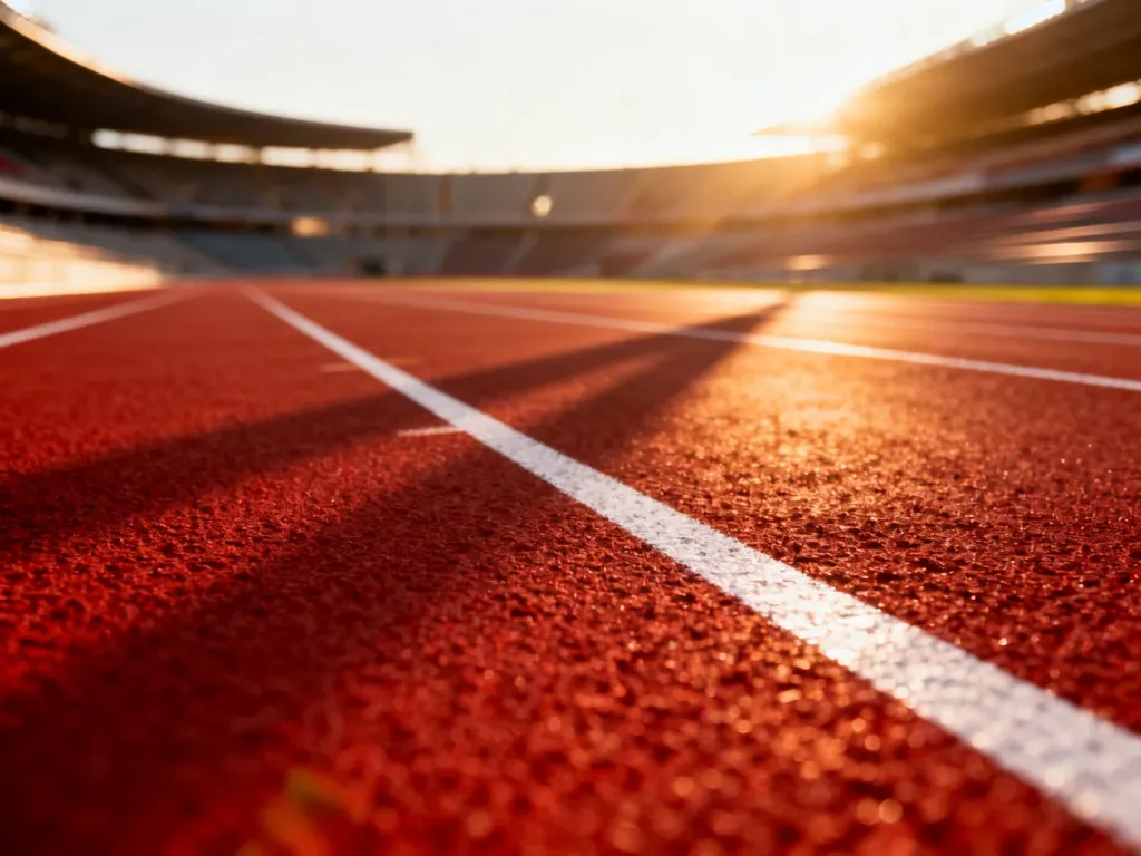 Dynamiczne ujęcie czerwonej bieżni lekkoatletycznej w blasku zachodzącego słońca, podkreślające szybkość biegu.