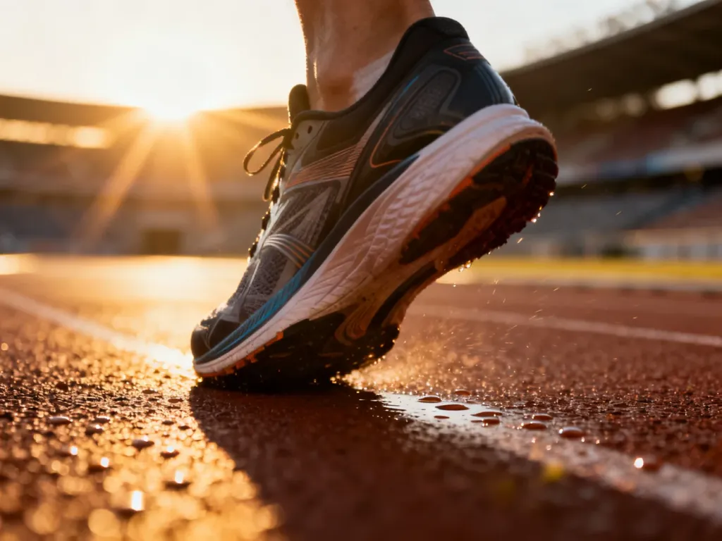 Profesjonalny but biegowy w ruchu na bieżni lekkoatletycznej o wschodzie słońca, symbolizujący intensywny trening.