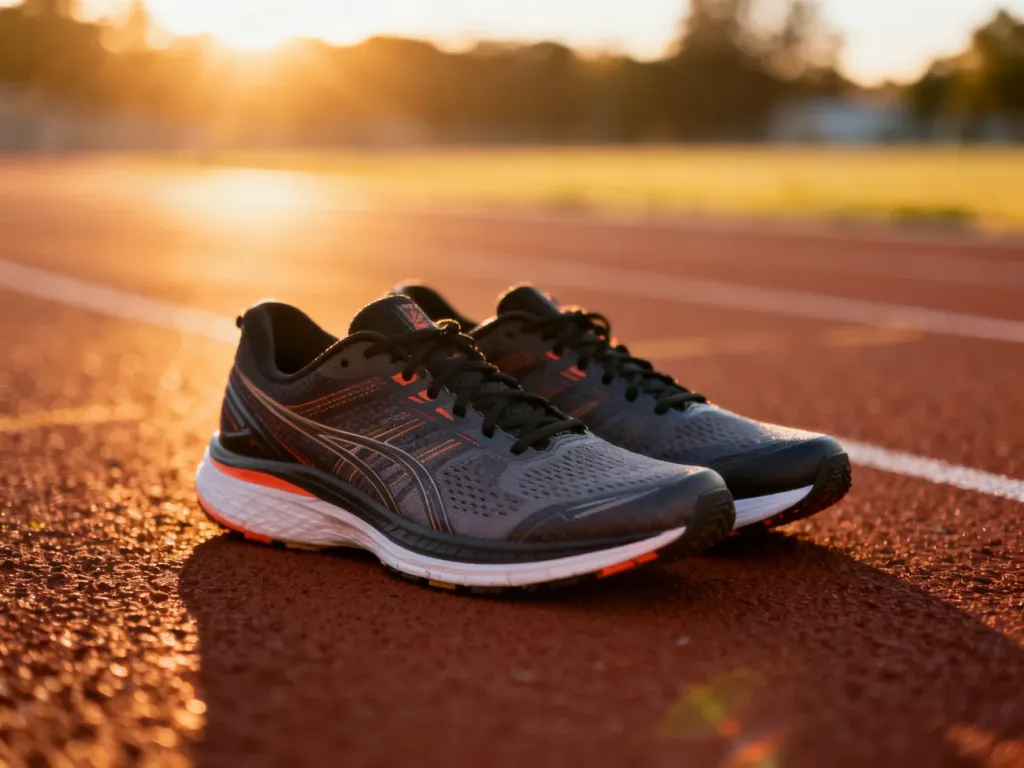 Profesjonalne buty do biegania spoczywające na bieżni lekkoatletycznej w promieniach porannego słońca.