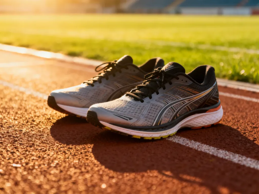 Profesjonalne buty do biegania na bieżni lekkoatletycznej w blasku porannego słońca.