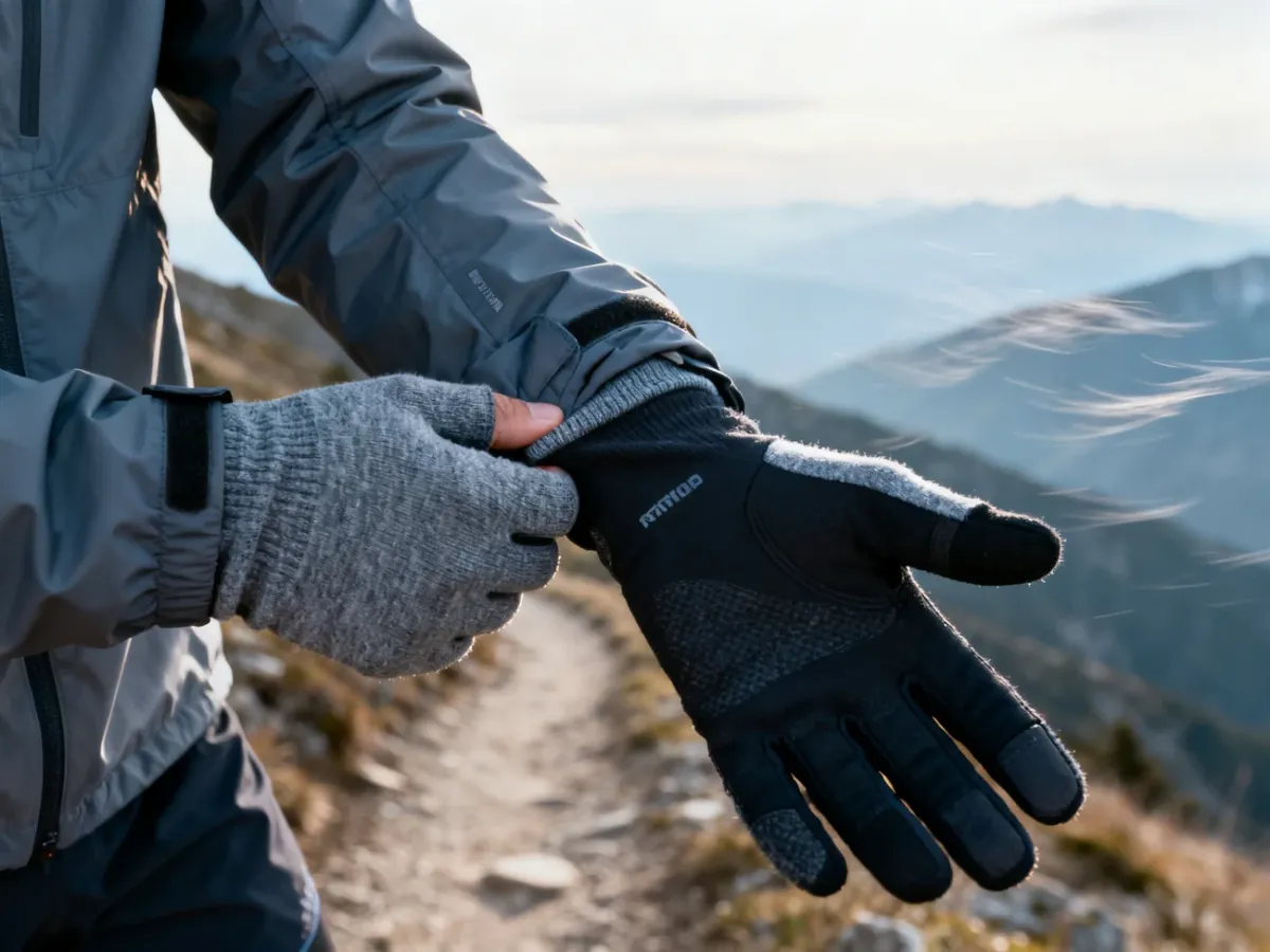 Biegacz zakładający warstwowe rękawiczki merino i softshell na górskim szlaku