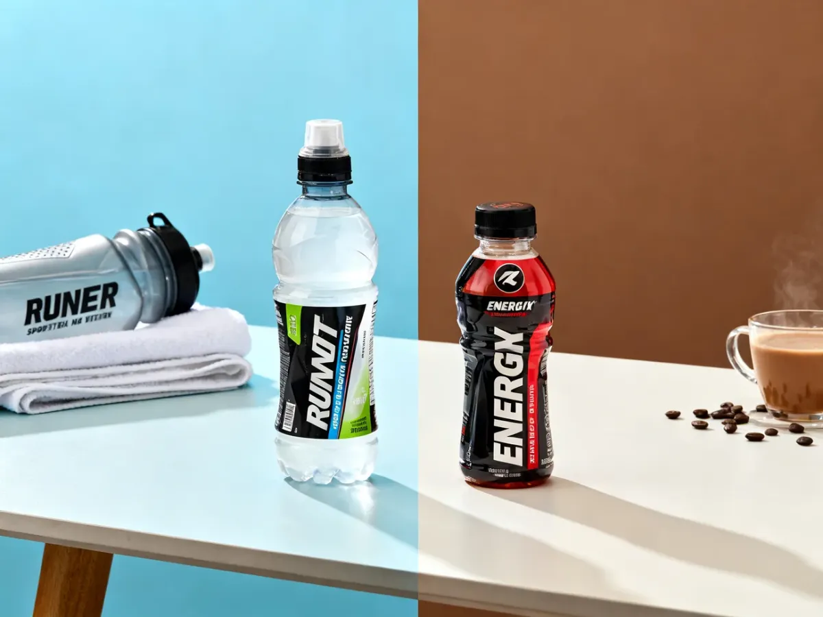 Porównanie napoju izotonicznego i energetyzującego obok akcesoriów sportowych