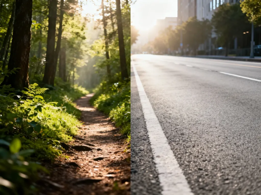 Porównanie leśnej ścieżki i asfaltowej drogi, ilustrujące wybór nawierzchni do biegania.