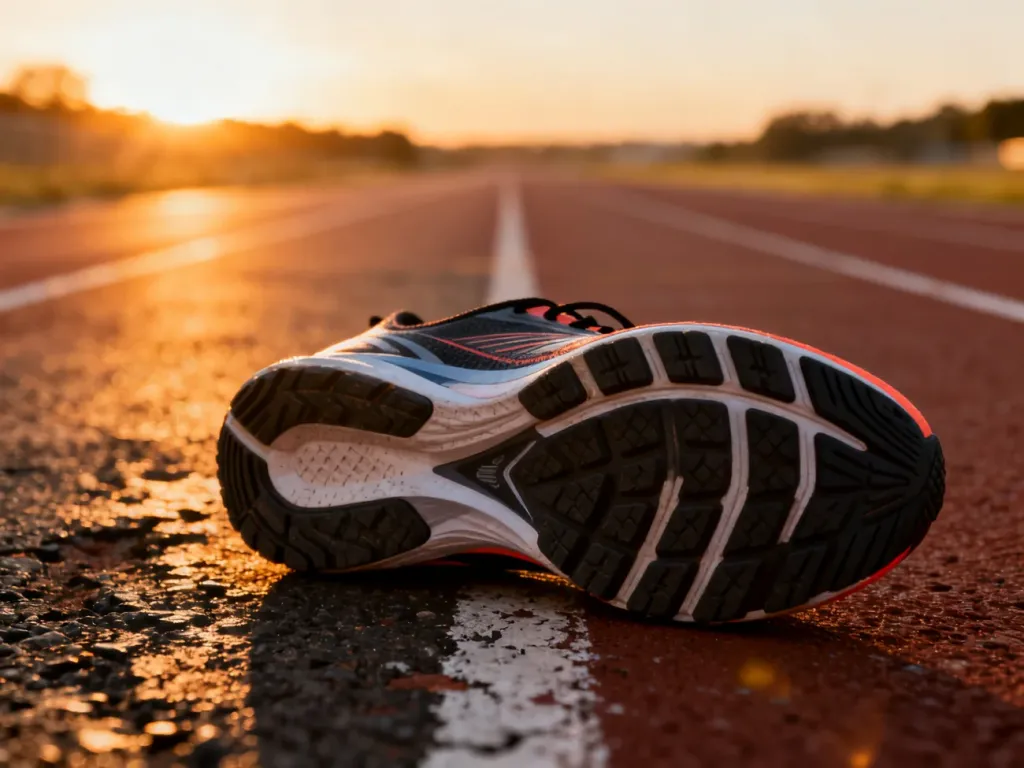 Profesjonalny but biegowy na bieżni o wschodzie słońca, symbolizujący przygotowania do maratonu.