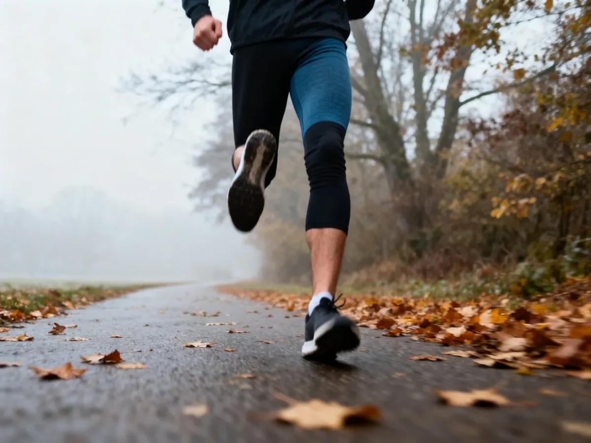 Biegacz porównujący legginsy 3/4 i długie podczas treningu w chłodny dzień