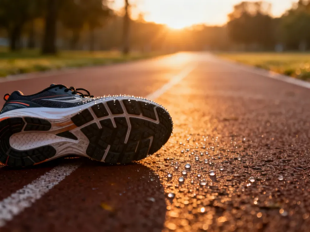 Profesjonalne buty do biegania na asfaltowej bieżni o wschodzie słońca, symbolizujące gotowość do treningu na 10 km.