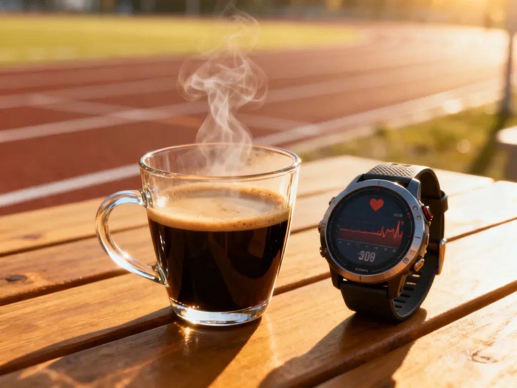 Filiżanka espresso obok zegarka biegowego z monitorem tętna na tle słonecznej bieżni.