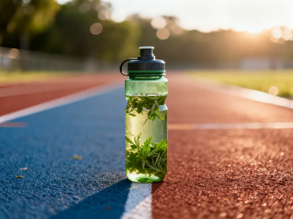 Bidon z zielonym naparem ziołowym na bieżni lekkoatletycznej w porannym słońcu, symbolizujący regenerację i zdrowy styl życia.