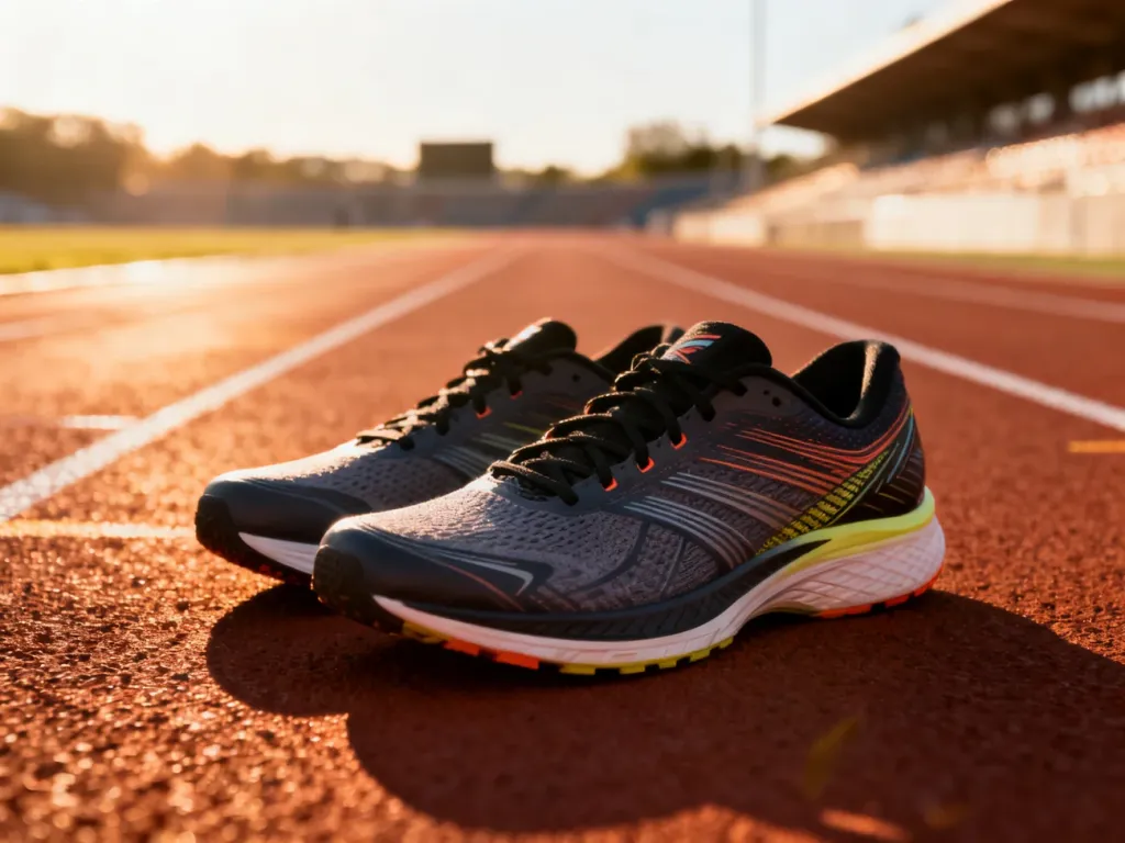 Profesjonalne buty do biegania na bieżni lekkoatletycznej w blasku porannego słońca.