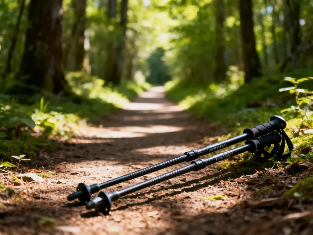 Profesjonalne kije trekkingowe na leśnej ścieżce, zachęcające do aktywnego treningu w otoczeniu natury.