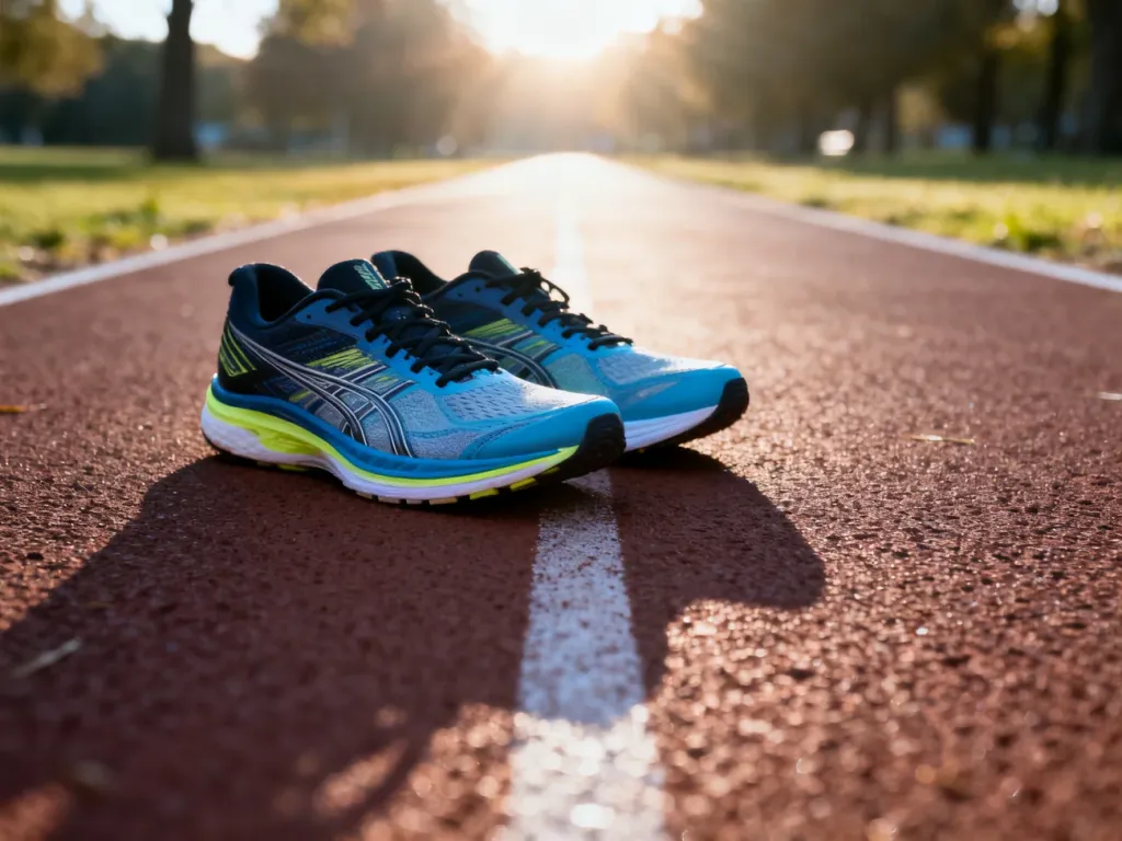 Profesjonalne buty do biegania na bieżni lekkoatletycznej, symbolizujące przygotowania do treningu na 10 km.