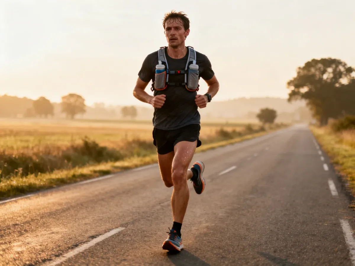 Biegacz trenujący na długiej trasie podczas przygotowań do maratonu