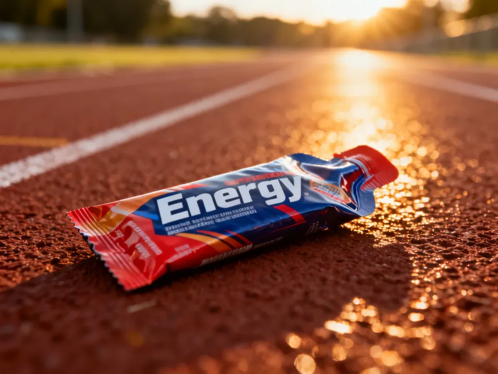 Saszetka żelu energetycznego leżąca na bieżni lekkoatletycznej w blasku porannego słońca.