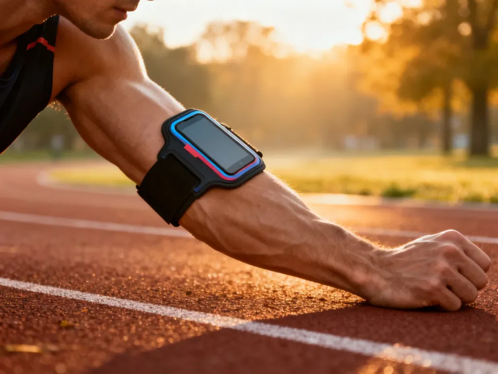 Nowoczesna opaska sportowa na telefon założona na ramię biegacza na tle bieżni w promieniach porannego słońca.
