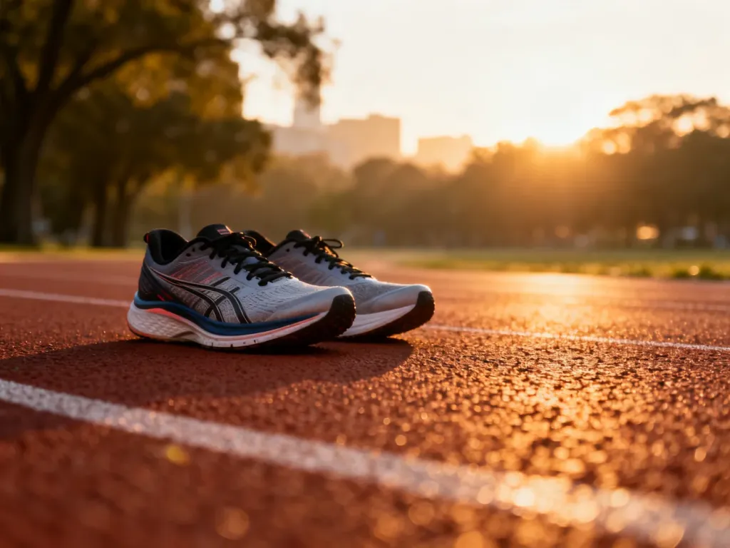 Profesjonalne buty do biegania na bieżni o wschodzie słońca, symbolizujące przygotowanie do poprawy tempa na 5 km.