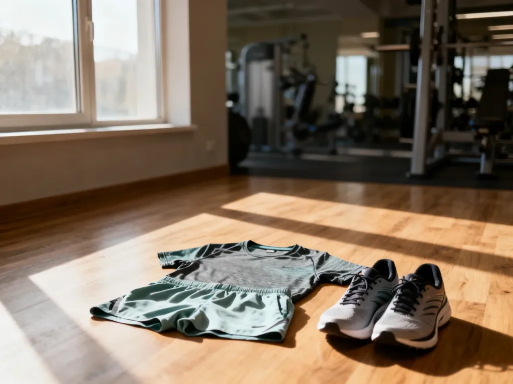 Profesjonalny zestaw odzieży biegowej: koszulka techniczna, spodenki i buty sportowe przygotowane do treningu.
