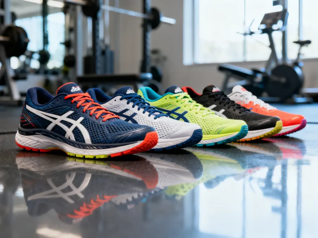 Różnorodne modele butów do biegania Asics w nowoczesnym, sportowym wydaniu, wyeksponowane na gładkiej powierzchni.