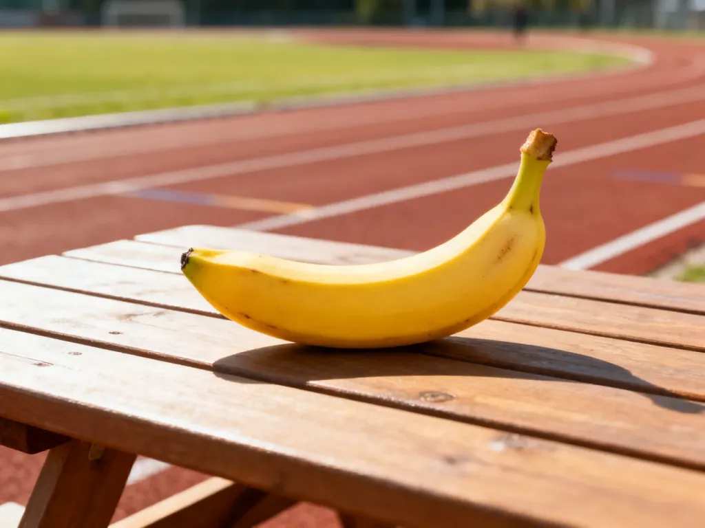 Dojrzały banan na drewnianym stole na tle bieżni lekkoatletycznej, symbolizujący zdrową przekąskę przed treningiem.